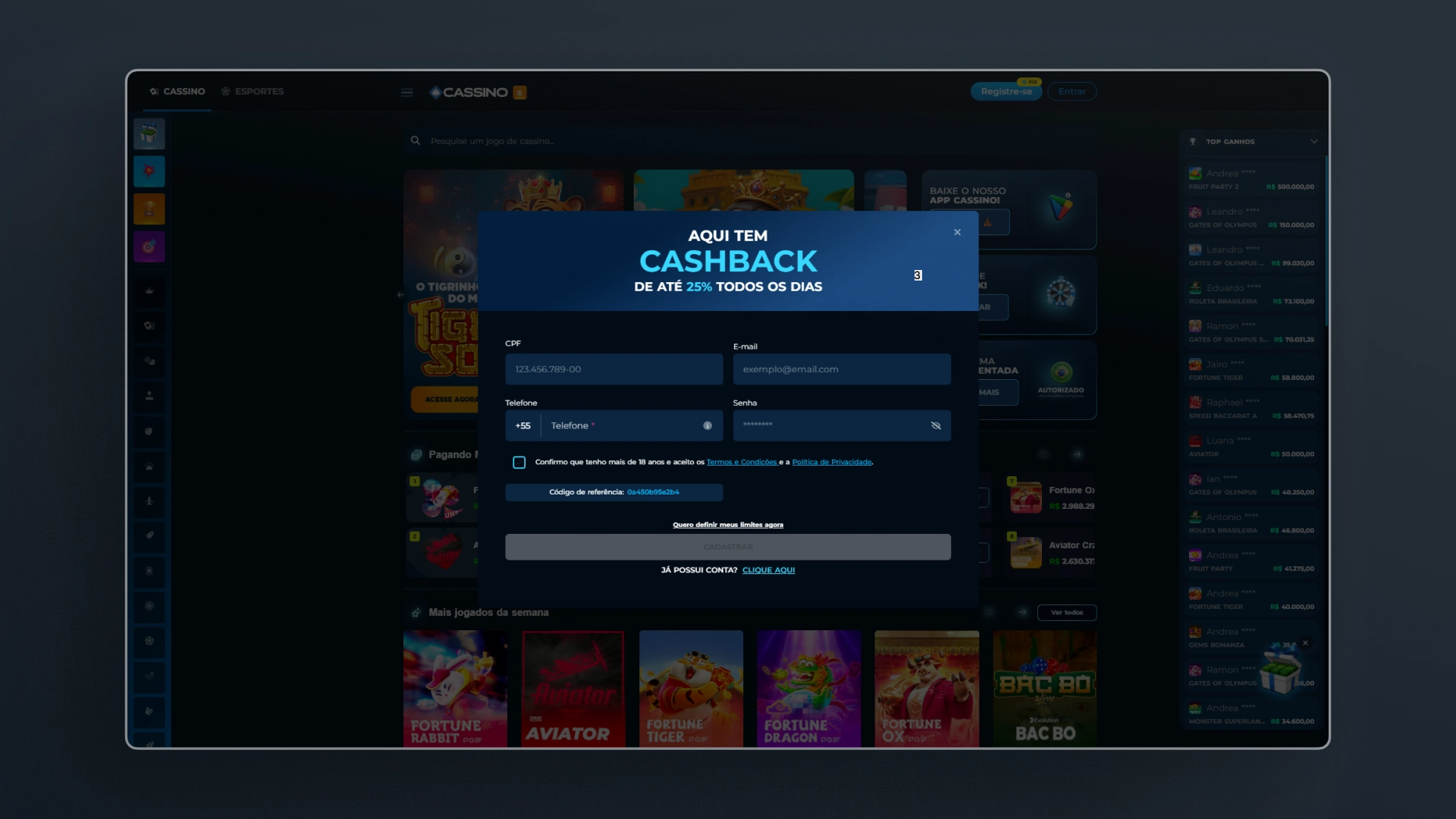 imagem cadastro cassino bet