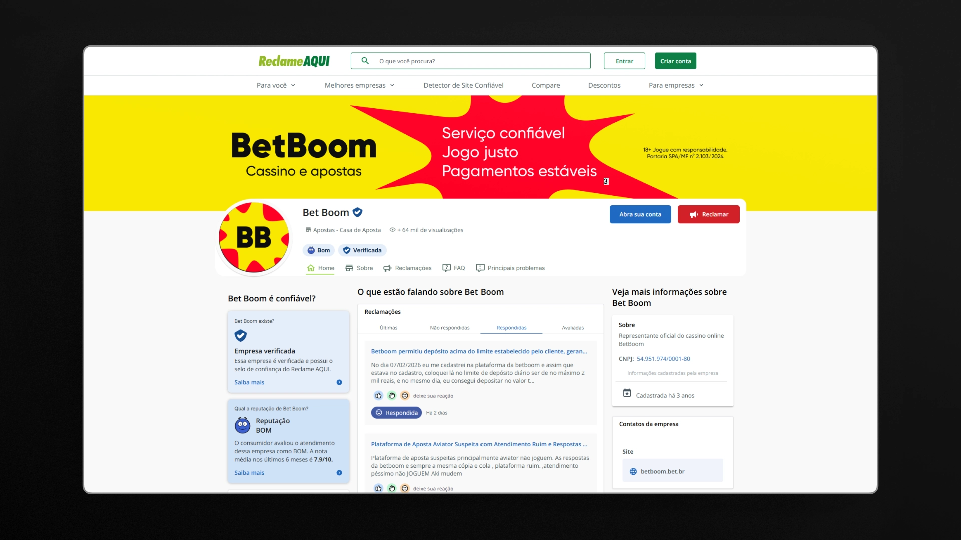 imagem reclame aqui Betboom