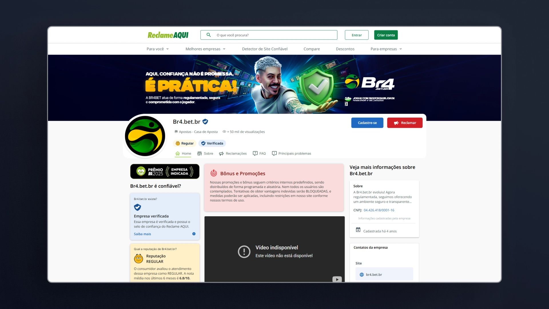 imagem reclame aqui Br4Bet