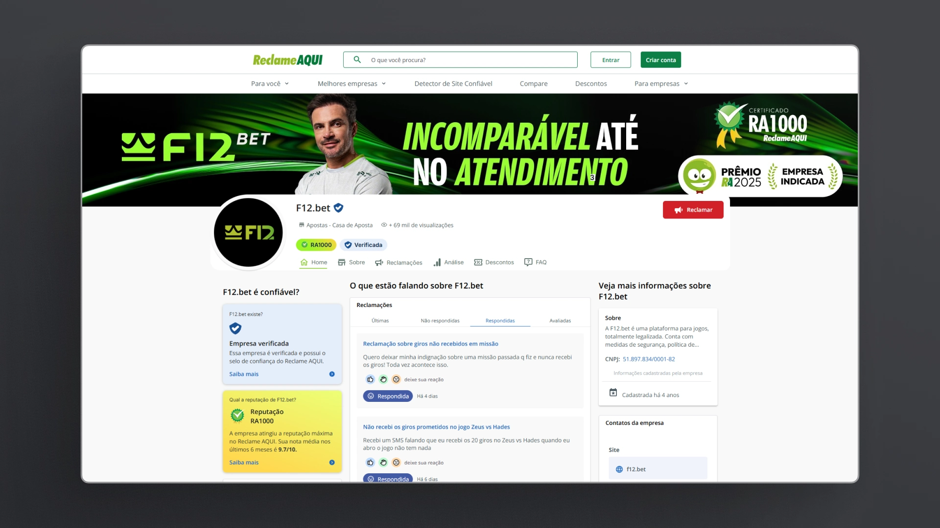 imagem reclame aqui F12Bet