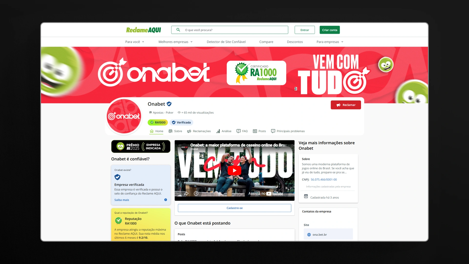 imagem reclame aqui Onabet