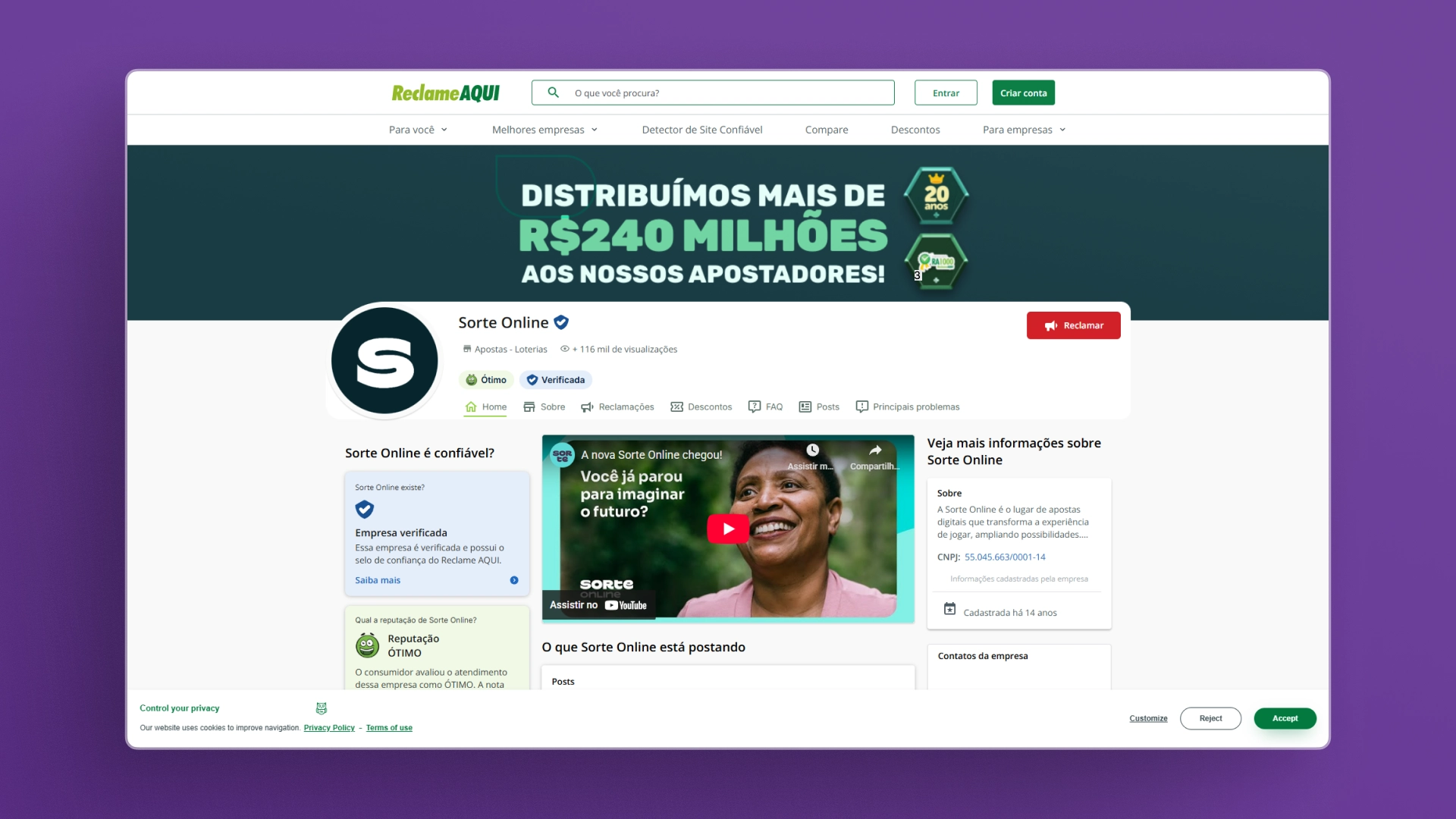 imagem reclame aqui SorteOnline